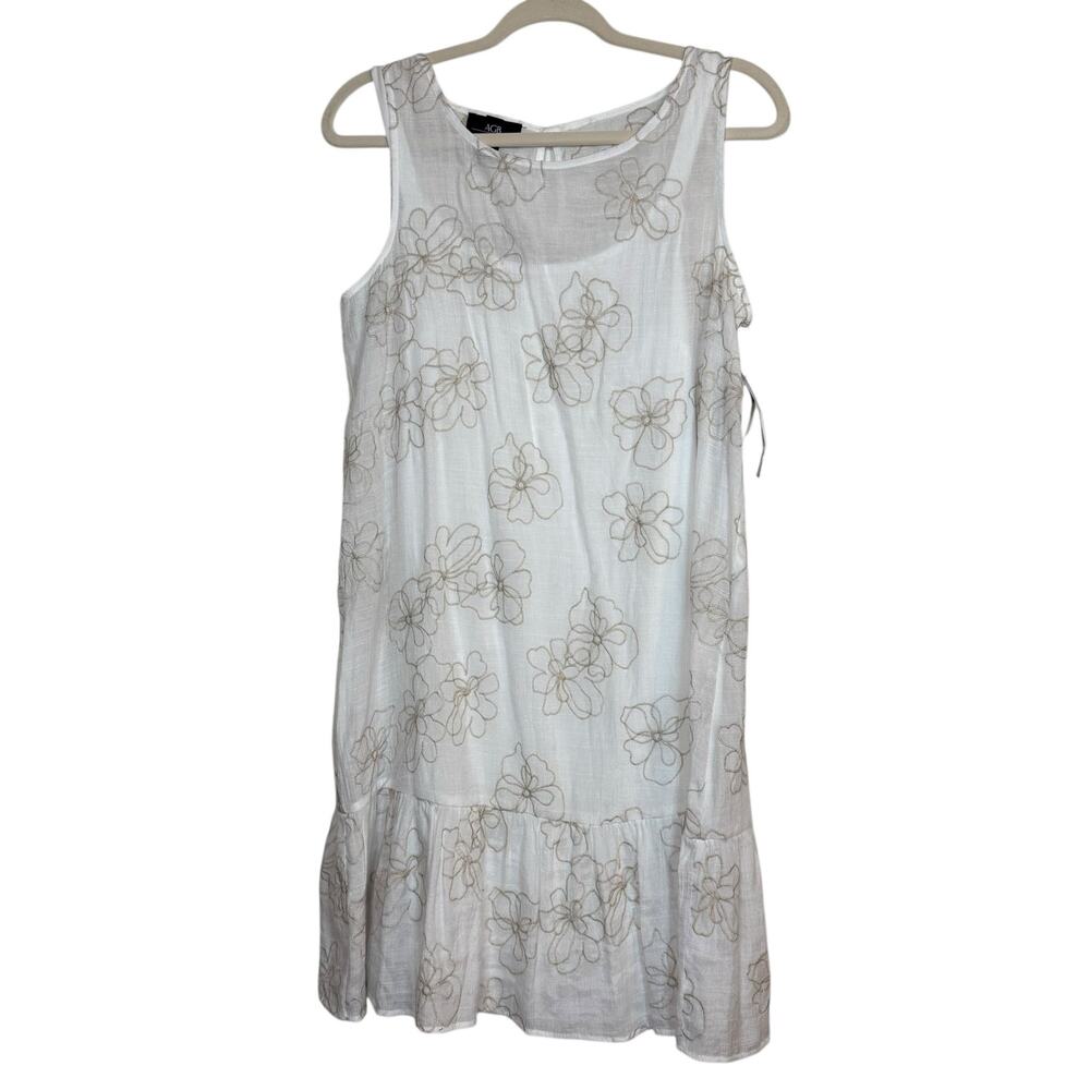 NWT‎ AGB white gauze lined dress with tan floral embroidery women's Small